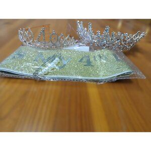 4th Birthday Tiara & Sash Lot Gold Glitter Clear Diamond Cut Rhinestone